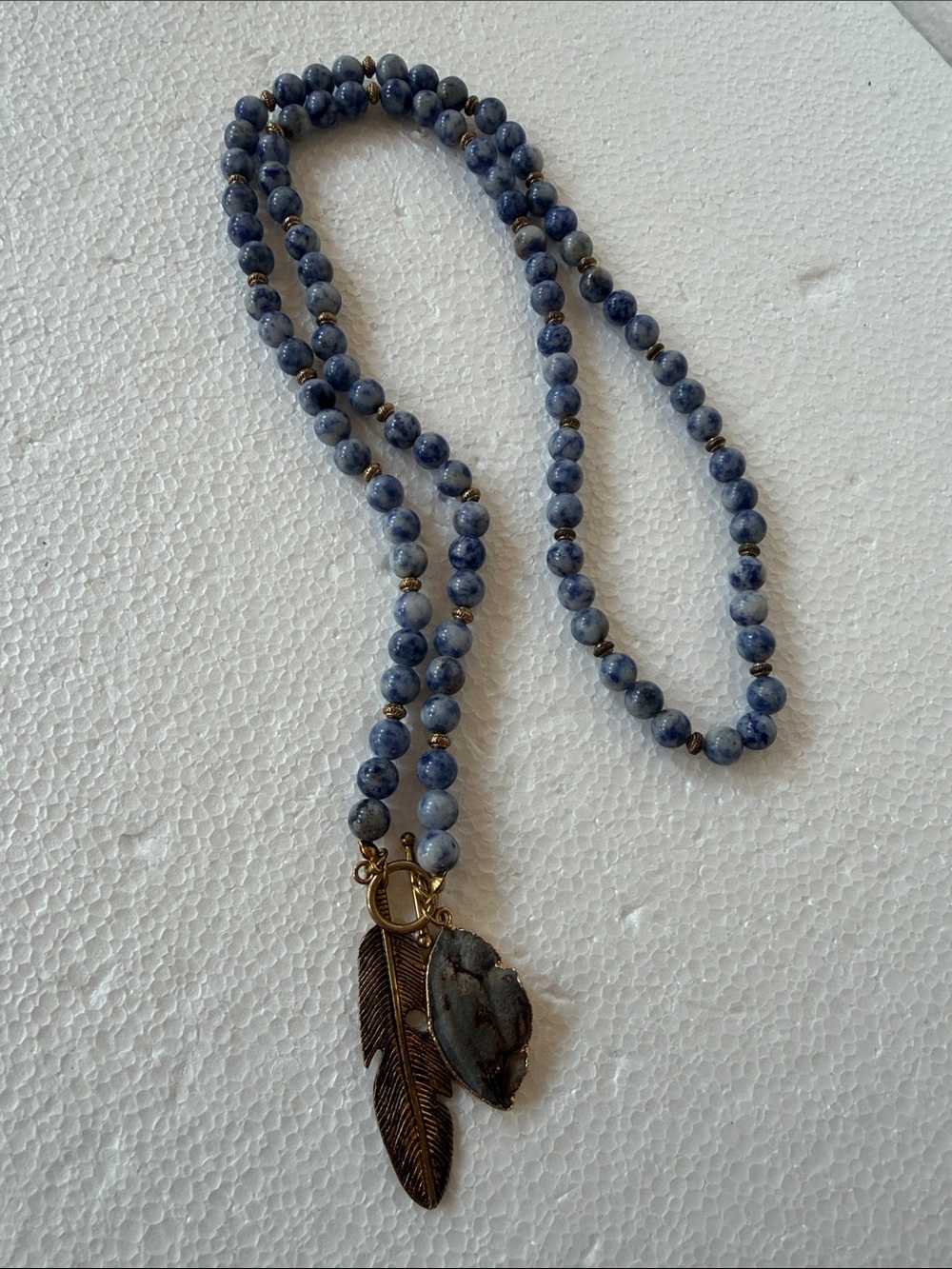 Blue Beaded Feather Pendant Necklace 36 inch